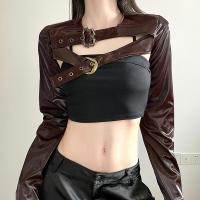 PU Leather Slim Women Long Sleeve Blouses Solid brown PC
