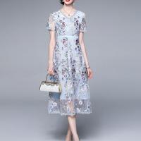 Lace & Polyester One-piece Dress deep V embroidered light blue PC