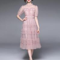 Gauze & Lace Layered One-piece Dress slimming patchwork Solid pink PC