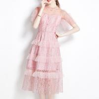 Gauze Layered One-piece Dress slimming embroidered Solid PC