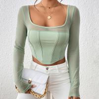 Twilled Satin & Mesh Fabric Slim & Crop Top Women Long Sleeve Blouses Solid green PC