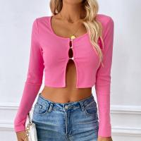 Cotton Women Long Sleeve T-shirt midriff-baring & hollow knitted Solid PC