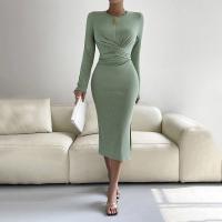 Polyester Step Skirt Sexy Package Hip Dresses side slit knitted Solid PC