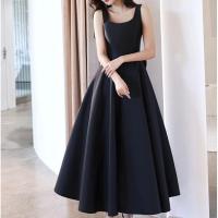 Polyester Plus Size Long Evening Dress large hem design patchwork Solid black PC