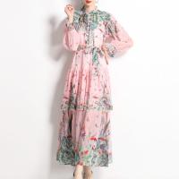 Polyester Waist-controlled One-piece Dress printed pink PC