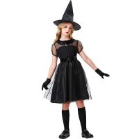 Polyester Children Witch Costume Halloween Design hat & skirt & belt black PC