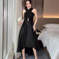 Polyester Plus Size Long Evening Dress & short front long back & hollow patchwork Solid black PC