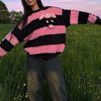 Cotton Women Long Sleeve Blouses slimming & loose knitted striped pink PC