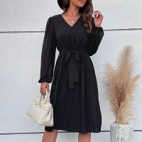 Polyester Pleated One-piece Dress mid-long style patchwork Solid black PC