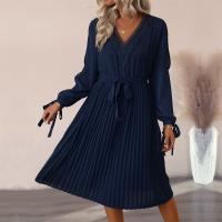 Polyester Pleated One-piece Dress mid-long style & with belt patchwork Solid Navy Blue PC