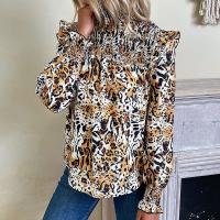 Polyester scallop Women Long Sleeve Shirt printed leopard khaki PC
