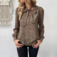 Polyester Women Long Sleeve Blouses printed leopard khaki PC