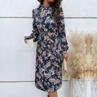 Polyester Pleated One-piece Dress mid-long style printed Navy Blue PC