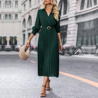 Polyester Pleated One-piece Dress mid-long style patchwork Solid green PC