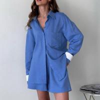 Cotton Women Casual Set & two piece & loose Pants & top patchwork Solid blue PC
