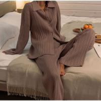 Polyester Women Casual Set & two piece & loose Pants & coat knitted striped brown Set