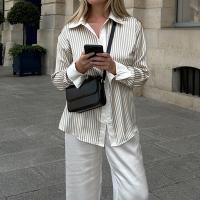 Polyester Frauen Langarm Shirt, Gedruckt, Gestreift, Weiß,  Stück