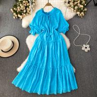 Polyester One-piece Dress large hem design & slimming & hollow Solid blue PC
