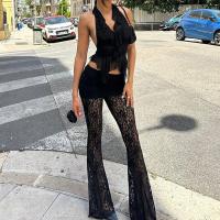 Lace bell-bottom & High Waist Women Long Trousers & hollow Solid PC