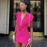 Polyester Waist-controlled Sexy Package Hip Dresses deep V & skinny style stretchable Solid fuchsia PC