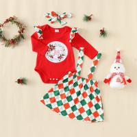 Polyester Children Clothes Set christmas design & three piece headband & skirt & teddy patchwork red Set