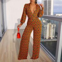 Polyester Long Jumpsuit slimming & deep V printed PC