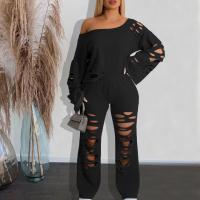 Polyester Ripped Women Casual Set slimming Long Trousers & Sweatshirt patchwork Solid Set