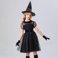 Polyester Children Witch Costume Halloween Design dress & hat black Set