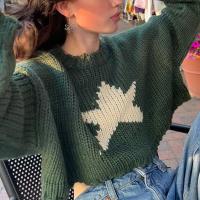 Polyester Women Sweater midriff-baring & loose printed star pattern green PC
