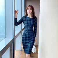 Polyester Waist-controlled & Step Skirt Sexy Package Hip Dresses knitted plaid Navy Blue PC
