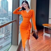 Polyester Slim Sexy Package Hip Dresses side slit patchwork Solid PC