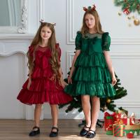 Polyester Girl One-piece Dress christmas design patchwork Solid PC