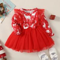 Cotton Girl One-piece Dress christmas design patchwork Deerlet red PC
