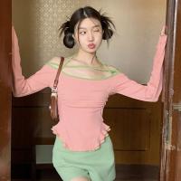 Polyester Slim & High Waist Women Long Sleeve Blouses & off shoulder patchwork Others PC