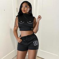 Polyester Women Casual Set midriff-baring & two piece & hollow Pants & top black Set