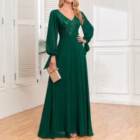 Chiffon & Polyester Long Evening Dress large hem design Sequin Solid green PC
