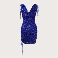 Sequin & Polyester Slim Short Evening Dress deep V Solid blue PC