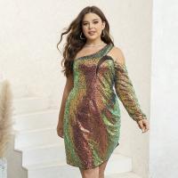 Sequin & Polyester Slim & Plus Size Short Evening Dress & One Shoulder patchwork Apricot PC