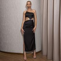 Spandex & Polyester Slim Long Evening Dress side slit & hollow Solid black PC