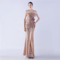 Sequin & Polyester Slim Long Evening Dress side slit & backless patchwork PC