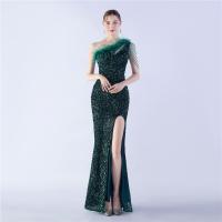 Sequin & Spandex & Polyester Slim Long Evening Dress side slit & One Shoulder patchwork Solid PC