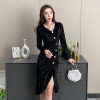 Velour Slim Sexy Package Hip Dresses irregular patchwork Solid PC