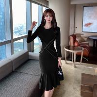 Polyester Slim & Step Skirt Sexy Package Hip Dresses patchwork Solid PC