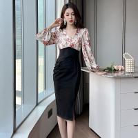 Polyester Slim Sexy Package Hip Dresses side slit printed PC