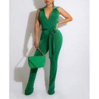 Polyester Yarns Long Jumpsuit backless & with belt patchwork Solid PC