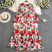 Chiffon Waist-controlled One-piece Dress large hem design & slimming printed floral red PC