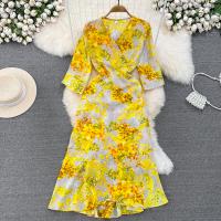 Polyester Waist-controlled One-piece Dress slimming & deep V printed yellow PC