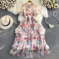 Gauze Waist-controlled One-piece Dress slimming printed PC