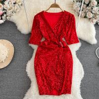 Sequin & Polyester Waist-controlled Sexy Package Hip Dresses slimming & deep V Solid PC