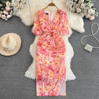 Polyester Waist-controlled Sexy Package Hip Dresses slimming & deep V & side slit pink PC